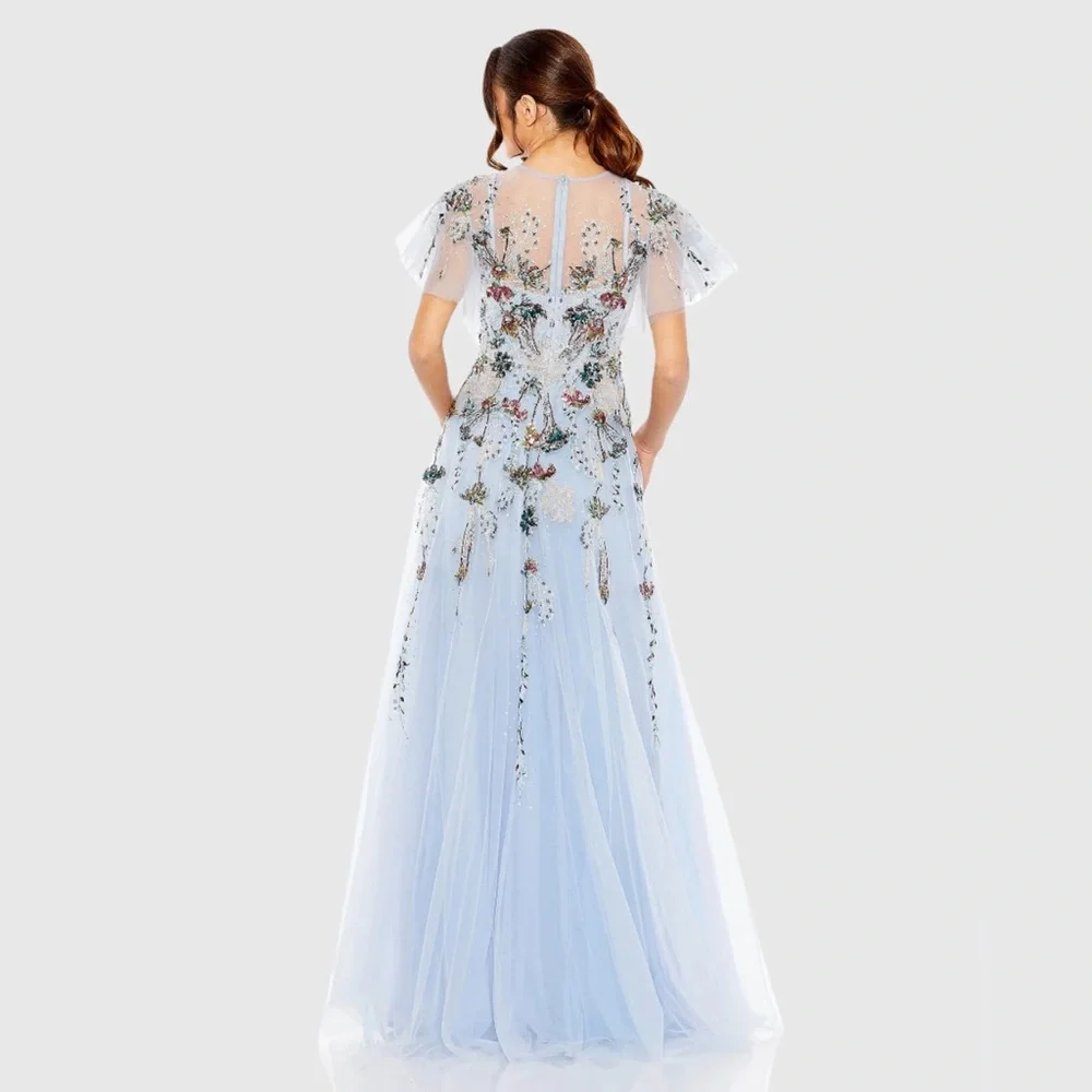 NWT $998 MAC DUGGAL Embellished Multi Color Flutter Sleeve A-Line Dress GOWN